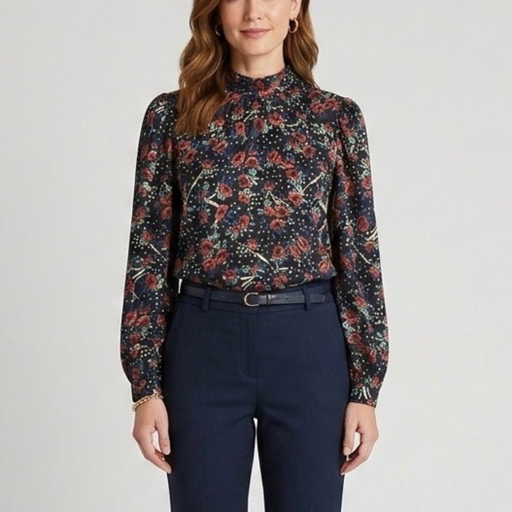 Veronica Beard Chilton Silk Blend Floral Polka Dot Mock Neck Tie Back Blouse 6